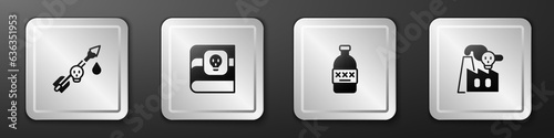 Set Poison on the arrow, Book about poisons, Poisoned alcohol and Smoke from factory icon. Silver square button. Vector