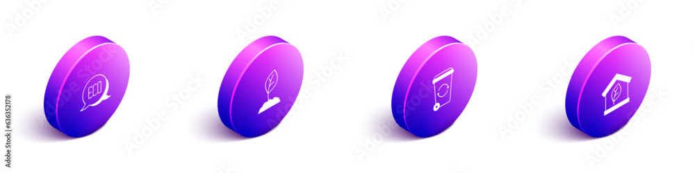 Set Isometric Leaf Eco symbol, Sprout, Recycle bin and friendly house icon. Vector Set Isometric Leaf Eco symbol, Sprout, Recycle bin and friendly house icon. Vector