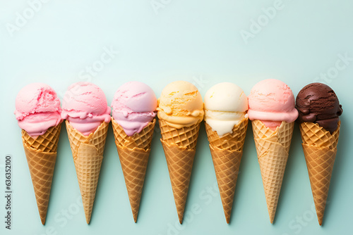 Set of various ice cream scoops in waffle cones on pastel background, flat lay. Generative AI