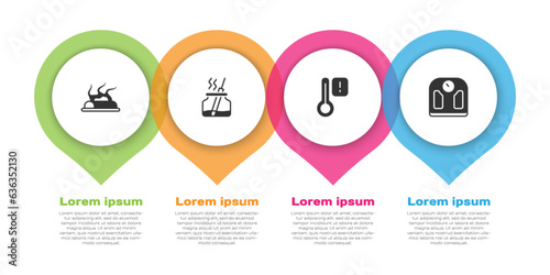 Set Campfire, Aroma diffuser, Sauna thermometer and Bathroom scales. Business infographic template. Vector