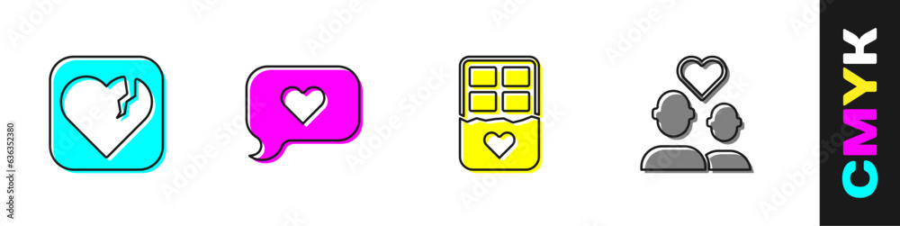 Set Broken heart or divorce, Heart in speech bubble, Chocolate bar and Lover couple icon. Vector