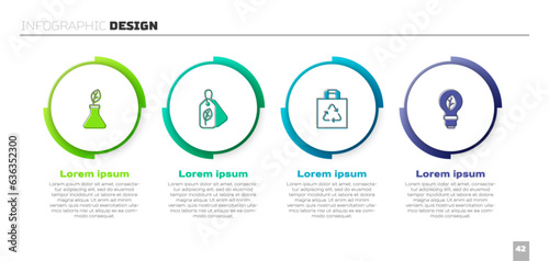 Set Plant breeding, Tag with leaf, Shopping bag recycle and Light bulb. Business infographic template. Vector