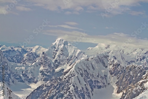 Aerial view of Denali Mountain range and glaciers, Denali National Park, Alaska