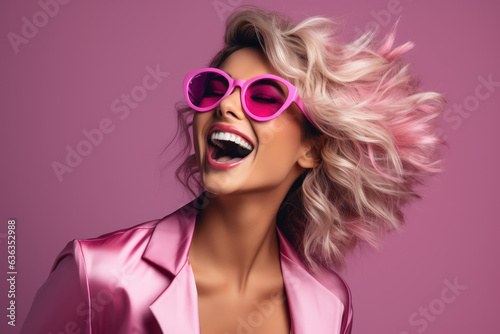 Young Bloned Happy Woman Wearing 80s Fasion Outfit - AI Generated