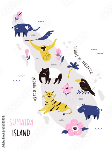 Fototapeta Naklejka Na Ścianę i Meble -  Sumatra hand drawn map with funny animals. Cartoon illustration of Indonesian island. Travel poster, postcard, banner