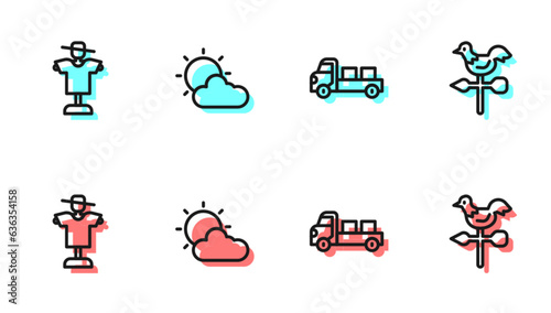 Set line Pickup truck, Scarecrow, Sun and cloud weather and Rooster vane icon. Vector