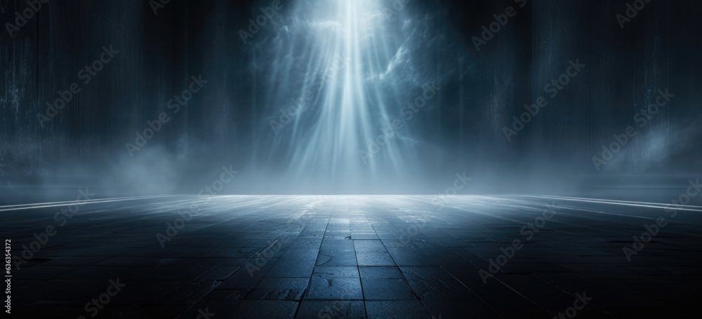 Enchanting Night Scene: rays of light with Floating Smoke Texture, dark empty room with dark blue asphalt tiles 
