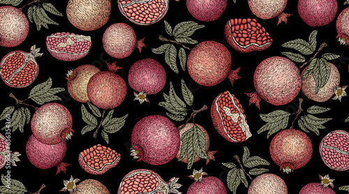 Pomegranate pattern. Pomegranate plant branch with fruits. Vintage Pomegranates illustration. Hand drawn ink style fruit background. Pomegranate tree, ripe fruit. Rosh hashanah print. Textile, fabric 