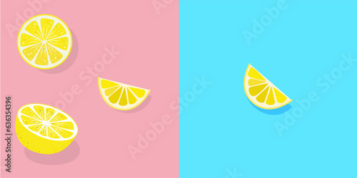 Wallpaper with slice of lemons on pink and blue background, Lemons background, Slice of lemons with shadows vector
