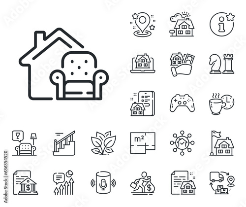 Home armchair sign. Floor plan, stairs and lounge room outline icons. Furniture moving line icon. House chair symbol. Furniture moving line sign. House mortgage, sell building icon. Vector