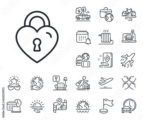 Honeymoon bridge locker sign. Plane jet, travel map and baggage claim outline icons. Love lock line icon. Couple relationships symbol. Love lock line sign. Car rental, taxi transport icon. Vector