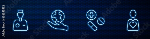 Set line Medicine pill or tablet, Male doctor, Hand holding Earth globe and Volunteer. Glowing neon icon on brick wall. Vector