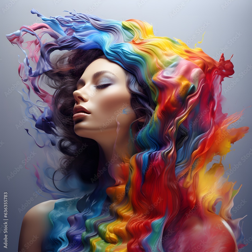 Fashion portrait of beautiful young woman with multicolored hair.