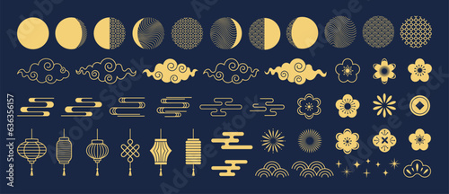 Mid Autumn Festival. Chinese traditional ornaments. Set of gold decorative elements, rabbits, moon, flowers, mooncakes, fireworks, lanterns, clouds. Concept for holiday decor, card, poster, banner. 