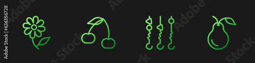 Set line Grilled shish kebab on skewer, Flower, Cherry and Pear. Gradient color icons. Vector