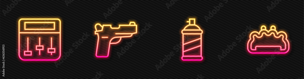 Set line Paint spray can, Drum machine music, Pistol or gun and Brass knuckles. Glowing neon icon. Vector Set line Paint spray can, Drum machine music, Pistol or gun and Brass knuckles. Glowing neon icon. Vector