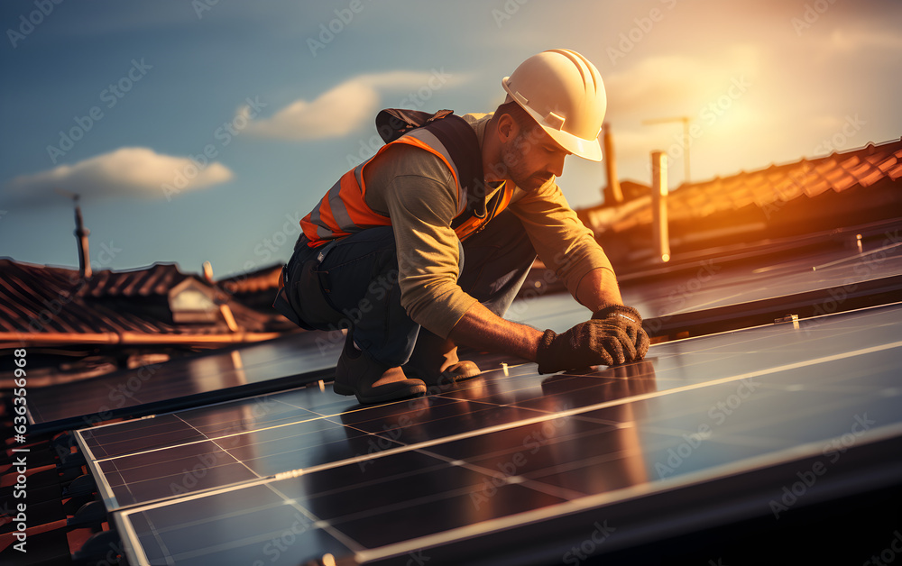Man worker installing solar panels on roof, energy concept Man worker installing solar panels on roof, energy concept