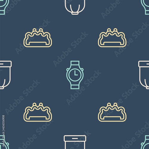 Set line Winter hat, Brass knuckles and Wrist watch on seamless pattern. Vector