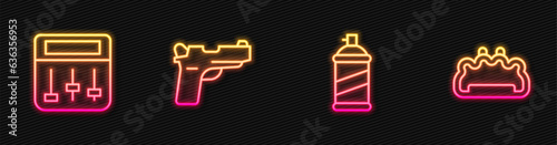 Set line Paint spray can, Drum machine music, Pistol or gun and Brass knuckles. Glowing neon icon. Vector