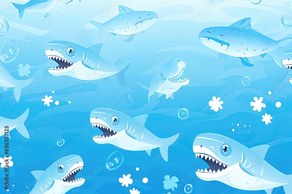 Obraz premium Vector illustration of a seamless pattern with sharks in the blue water