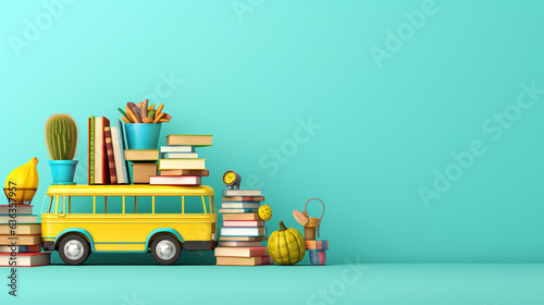 Funny School bus with books and accessory on turquoise blue background. Back to school banner. 