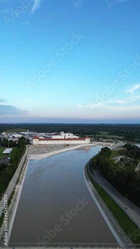 Wallpaper Mural Vertical aerial shot in 4K of hydro power plant in Toeging am Inn with chanel and bridge Torontodigital.ca