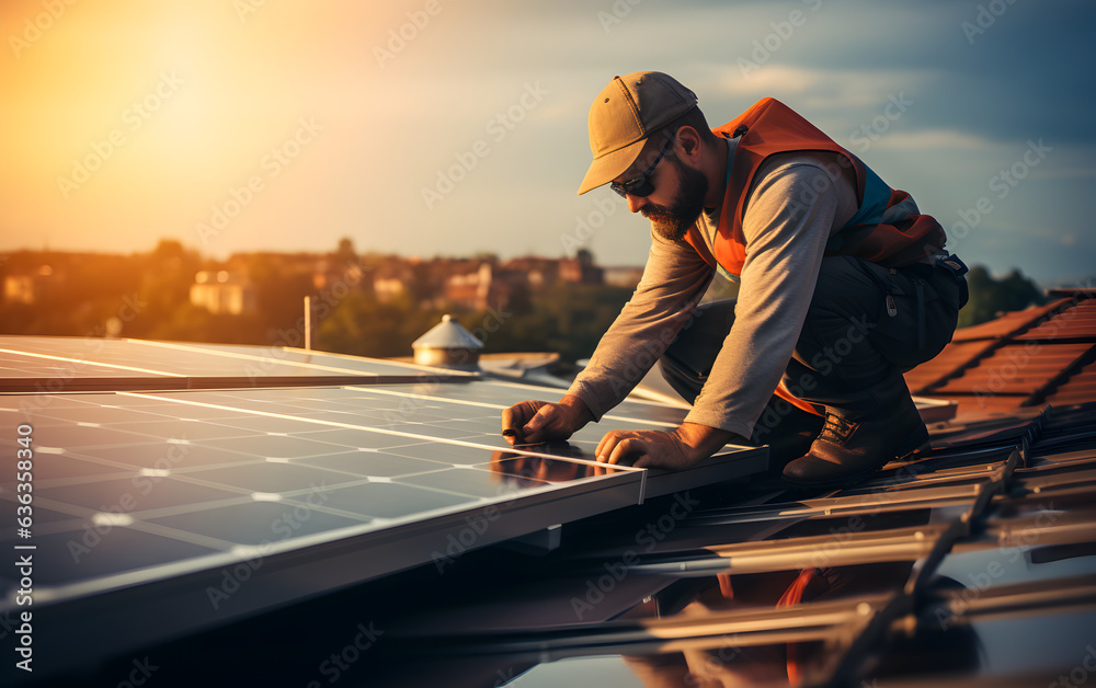 Man worker installing solar panels on roof, energy concept Man worker installing solar panels on roof, energy concept