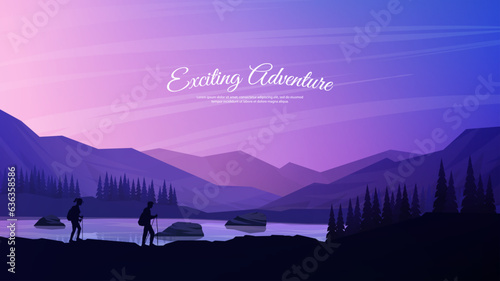 Vector illustration. Travel concept of discovering, exploring and observing nature. Hiking. Adventure tourism. Travellers couple are walking with backpack and travel sticks. Web banner template