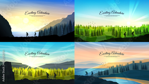 Vector illustration set. Travel concept of discovering, exploring and observing nature. Hiking. Adventure tourism. Flat design for web banner, website template. Couple of man and woman walks on hills