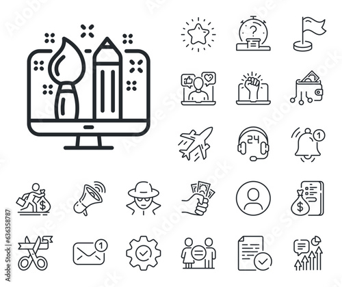Graphic designer sign. Salaryman, gender equality and alert bell outline icons. Creative design line icon. Brush and pencil symbol. Creative design line sign. Spy or profile placeholder icon. Vector