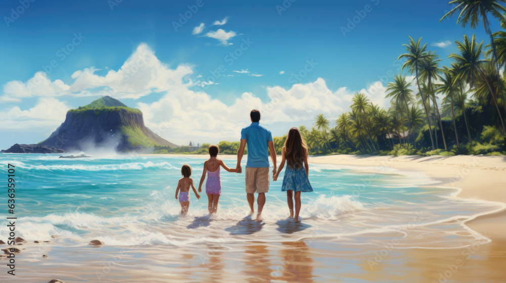 Fun Family Day at the Beach: A young family, including parents in their 20s and 30s, and their children, enjoy a delightful day at the beach, playing together, swimming, and splashing in the sea