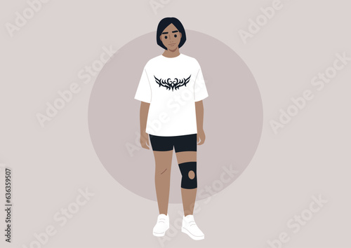 A model with a plus-size physique dons bike shorts while sporting a knee bandage to provide joint stability