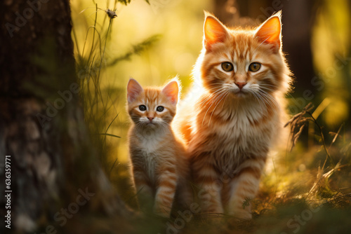 Gato laranja e seu filhote na floresta - Papel de parede