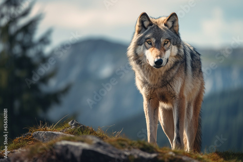 Lobo cinzento na montanha - Papel de parede