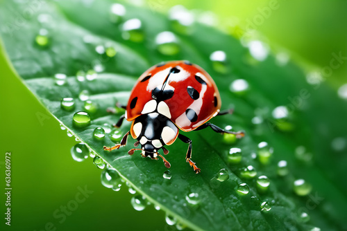 Ladybug on the grass in water drops, close-up