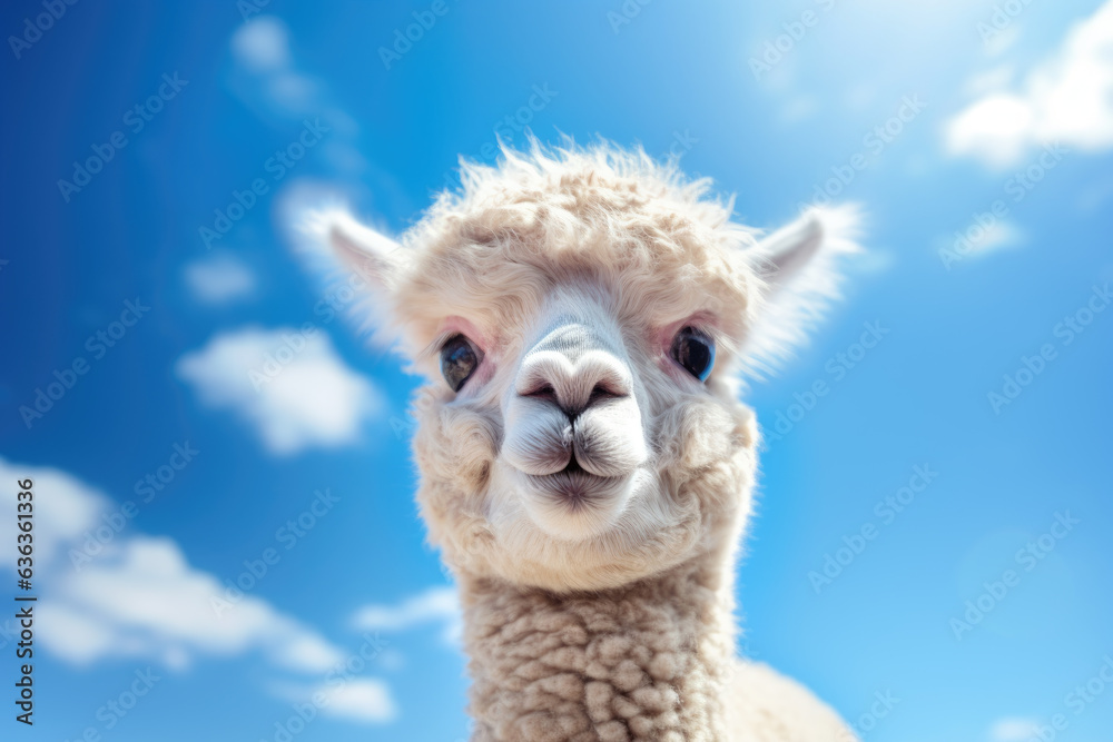 Funny white alpaca on blue sky background. Low angle view