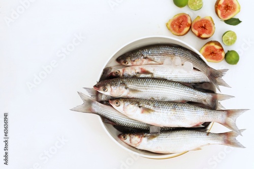 Mediterranean fish, Loban, Mullet, seafood, bowls on white background, top view, free space, place for text, background image, background for presentations photo