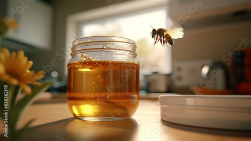 A glass jar of sweet honey on a kitchen table being observed by a honey bee.