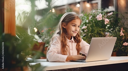 little girl using a laptop at home - online education concept (Generative AI) © Salander Studio