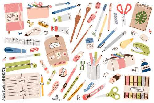 Stationery colored collection. School and office supplies. Pencils, notebooks and accessories. Flat cartoon drawing tools. Highlighters, brush pens. Vector illustrations isolated on white background