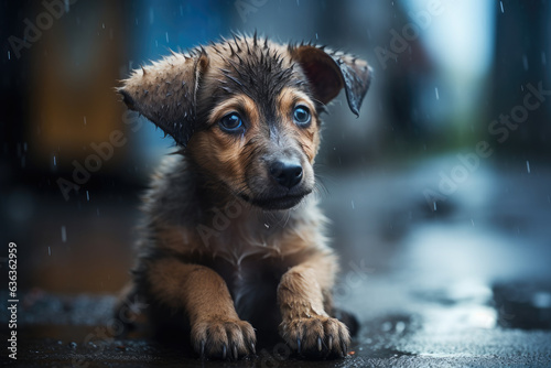 Fototapeta Naklejka Na Ścianę i Meble -  Stray homeless dog. Sad abandoned hungry puppy sitting alone in the street under rain. Dirty wet littlelost dog outdoors