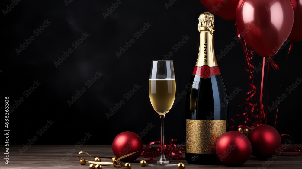 Merry Christmas Concept, Red Wine Bottle, White Champagne Bottle with Red Wine Glasses, Boxes gift with ribbon, Balloon and decoration on the table, object Mockup copy space background, Generative AI