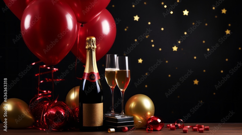 Merry Christmas Concept, Red Wine Bottle, White Champagne Bottle with Red Wine Glasses, Boxes gift with ribbon, Balloon and decoration on the table, object Mockup copy space background, Generative AI