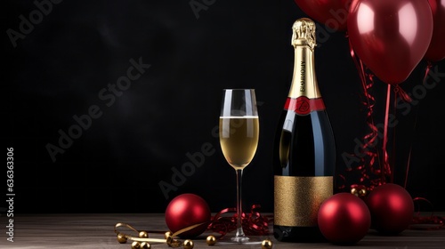 Merry Christmas Concept, Red Wine Bottle, White Champagne Bottle with Red Wine Glasses, Boxes gift with ribbon, Balloon and decoration on the table, object Mockup copy space background, Generative AI