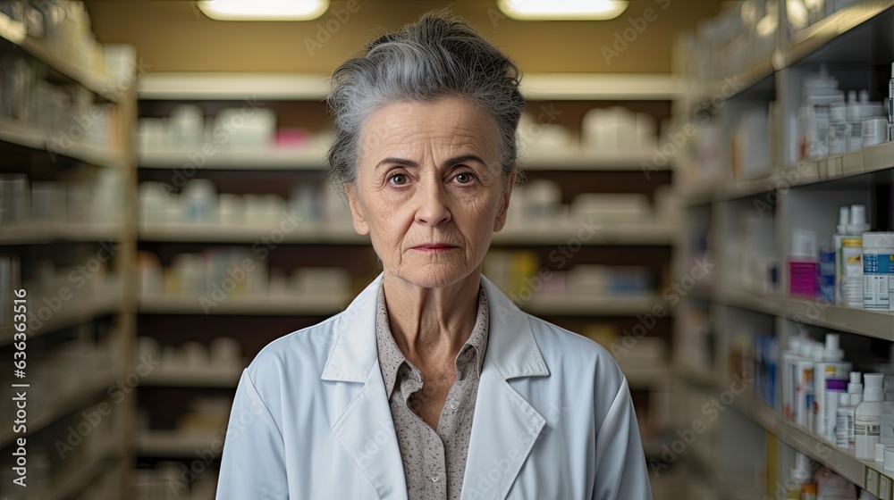Fototapeta premium portrait of an ... pharmacist standing in front of shelfs with medication (Generative AI)