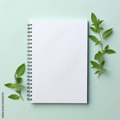 Blank paper notebook, Green twigs, Mockup, Space, Write, Memo, Message. With Small and Medium Size Green Twigs On Both Sides. Light blue background.