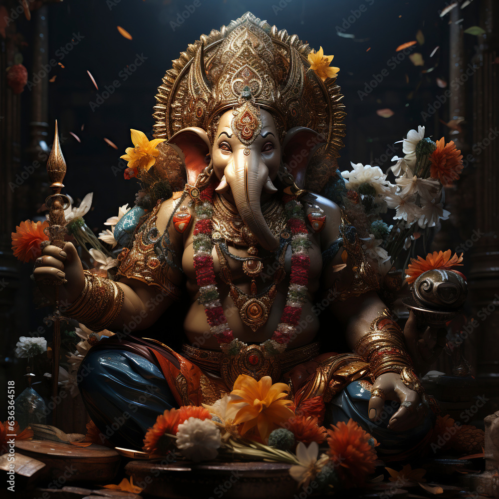 Realistic statue of Ganesha on a dark background, decorated with flowers and gifts. Hindu deity. Diversity of religions.