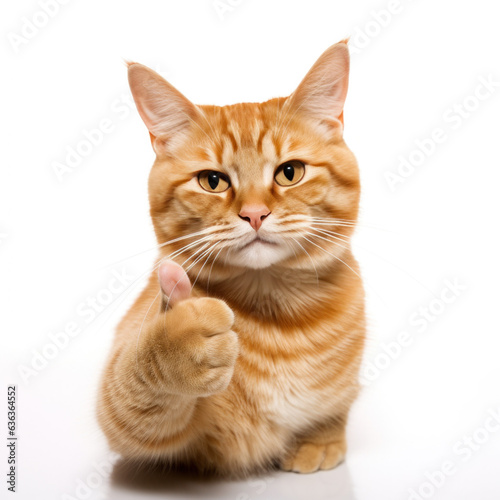 Cat with thumbs up in front of a white background (AI Generated) 
