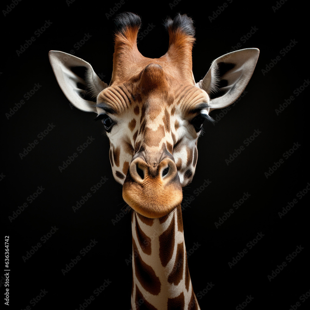 Obraz premium Portrait of a giraffe in front of a black background (AI Generated) 
