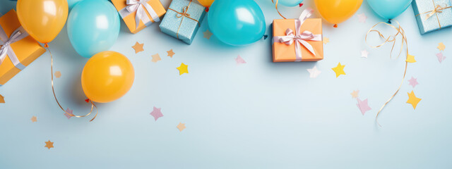 Birthday party background with copy space. Holiday frame with colorful balloon, gift, confetti and streamer. Top view. Created with Generative AI technology.